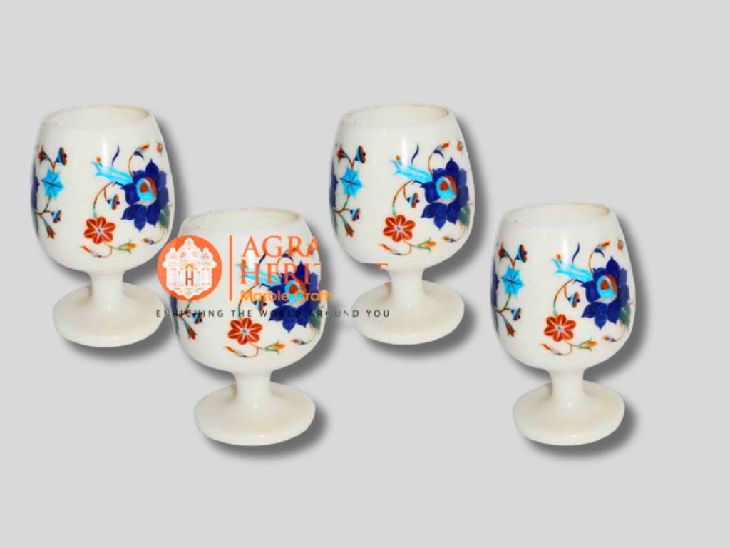 Marble 4 Pcs Wine Glass Inlay Stone Lapis Turquoise Floral Decor